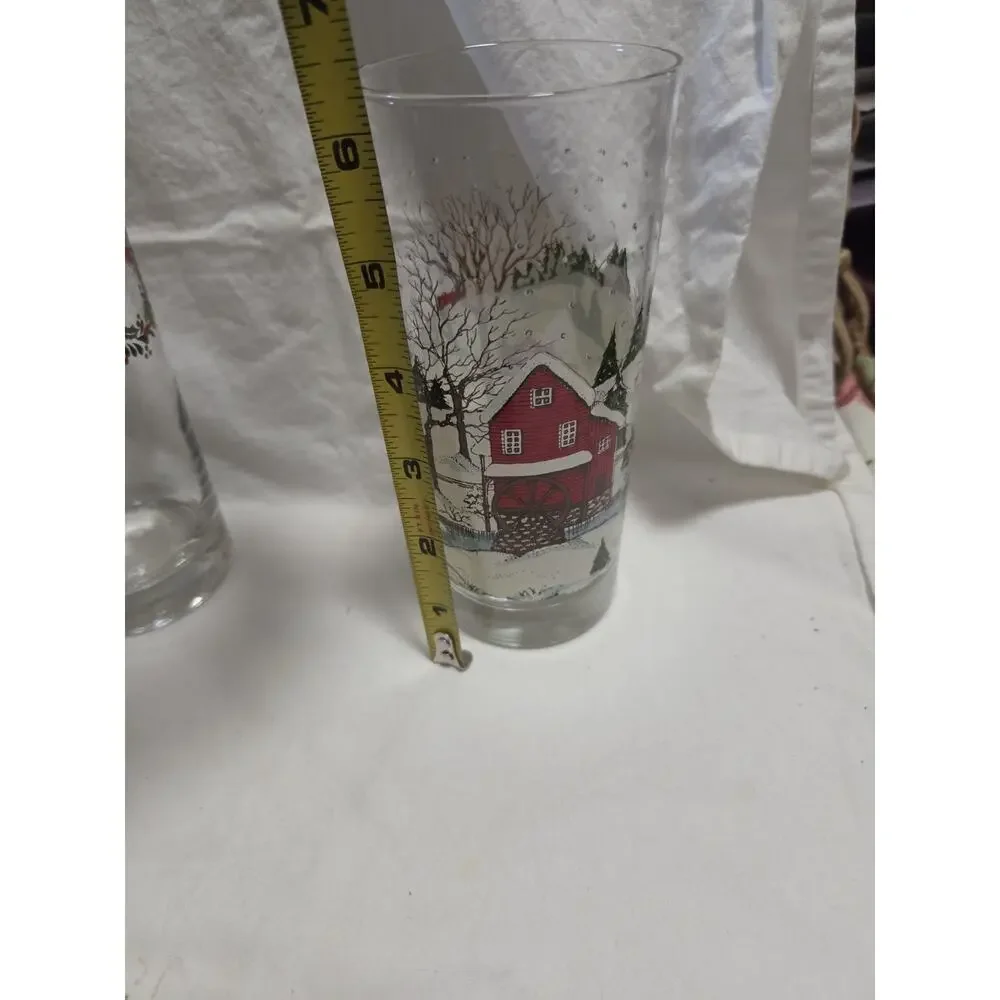 4 Vintage Libbey Christmas Winter Scene Horse Sleigh 16 oz. Glasses